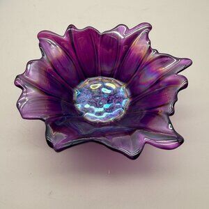 AKCAM Iridescent Purple Glass Flower Bowl - Handmade in Turkey - Art Glass